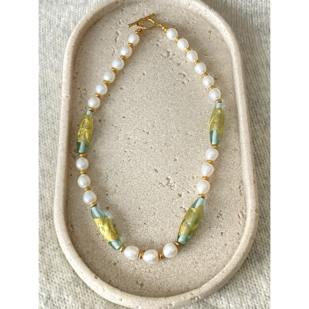 Faux Pearl Beaded Necklace Green Gold Foil Art Glass Beads Collar Choker Artsy